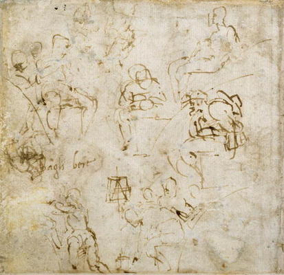 Figure study with writing, c.1511 (pen & ink on paper) from Michelangelo (Buonarroti)