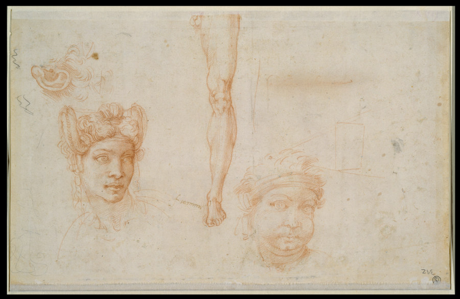 Ohr und zwei Augen, Frauenkopf mit hochgesteckten Zöpfen, Beinstudie, Kopf mit Binde, Schema der Seh from Michelangelo (Buonarroti)