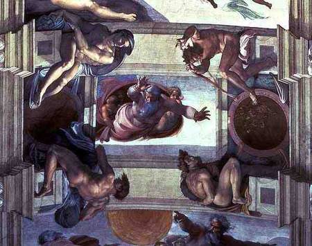 Sistine Chapel Ceiling: God Separating the Land from the Sea, with four Ignudi from Michelangelo (Buonarroti)