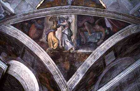 Sistine Chapel Ceiling: Judith Carrying the Head of Holofernes (spandrel) (pre restoration) from Michelangelo (Buonarroti)