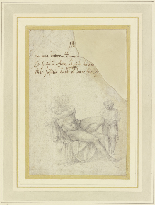 Sitzender männlicher Akt, schlafend, mit einem stehenden Kind oder Putto from Michelangelo (Buonarroti)