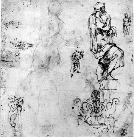 Sketches of male nudes, a madonna and child and a decorative emblem  & ink and from Michelangelo (Buonarroti)