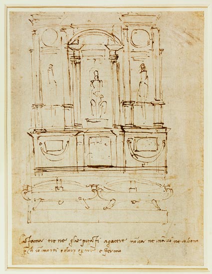 Inv.1859-6-25-543.recto (w.28) Study for the Tomb of Pope Julius II (brown ink) from Michelangelo (Buonarroti)