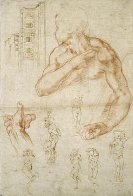 Study of the Assisting Figure of the Libyan Sibyl, c.1512 (red chalk & pen on paper) from Michelangelo (Buonarroti)