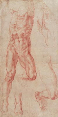 W.13r Study of a male nude, stretching upwards (chalk on paper) from Michelangelo (Buonarroti)
