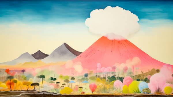 Aquarelle mit bunten Vulkan und Wolkenlandschaften, minimalistisch. Digital AI Art. from Miro May
