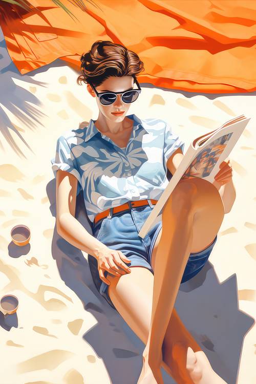 Eine Frau mit Sonnenbrillen liegt am Sonnigen Tag am Strand im Sand und liest ein Buch.  from Miro May