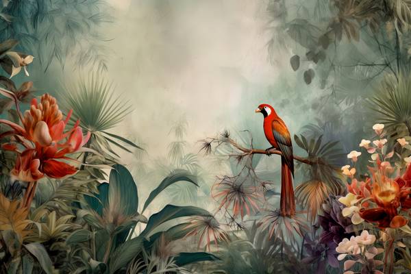 Papagei in tropischen Regenwald. Landschaft mit Papagei, Natur. Tropischer Jungle from Miro May
