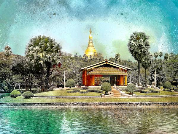 See am Shwedagon Tempel in Yangon, Myanmar, Burma, Fotokunst, Retro, Vintage from Miro May