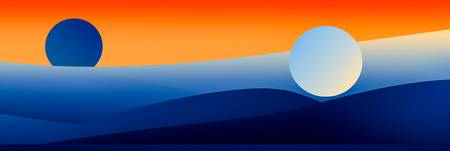 Abstrakte Landschaft mit Sonne, Mond und Bergen. Bunte geometrische Figuren und Muster