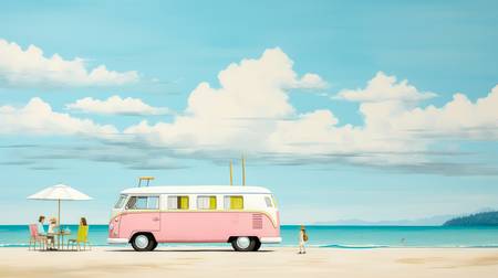 Bunte Aquarelle mit einem VW Bus am Strand. Picknick, Familienurlaub, Camping. Digital AI