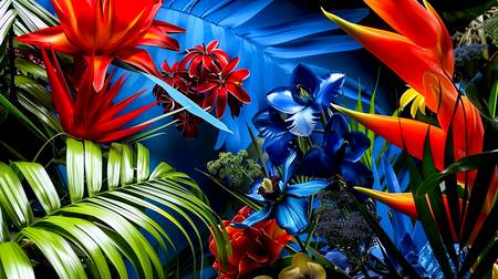 Dschungelszene mit prächtig leuchtenden Pflanzen und Blumen in kräftigen Rottönen, tiefen Blautönen 