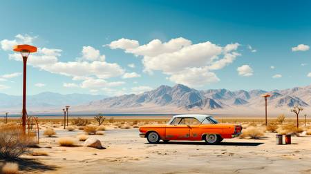 Ein Oldtimer Auto ind der Wüste mit einem Berg im Hintergrund. Der Himmel über USA