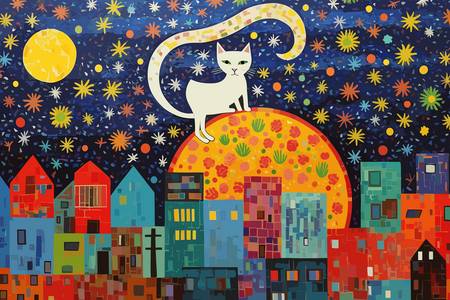 Katze auf dem Mond über den Dächern der Stadt. Dach. Katze in der Nacht. Katze in der Stadt. Sternen