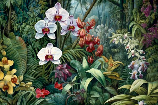 Weisse Orchideen im tropischen Regenwald. Landschaft mit Blumen, Natur, Floral from Miro May