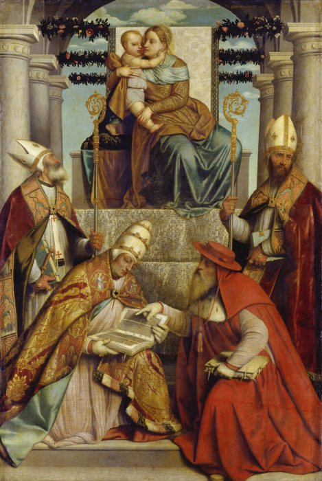Thronende Madonna mit Kind und den vier lateinischen Kirchenvätern from Moretto da Brescia