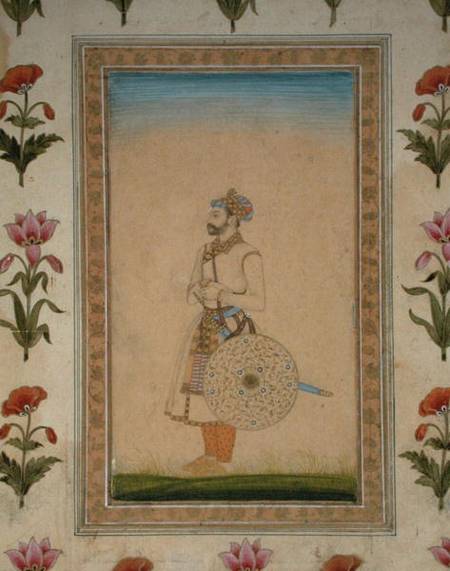 An Officer, standing, with sword and shield, from the Small Clive Album from Mughal School