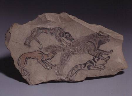 Ostracon depicting a dog chasing a hyena from New Kingdom Egyptian