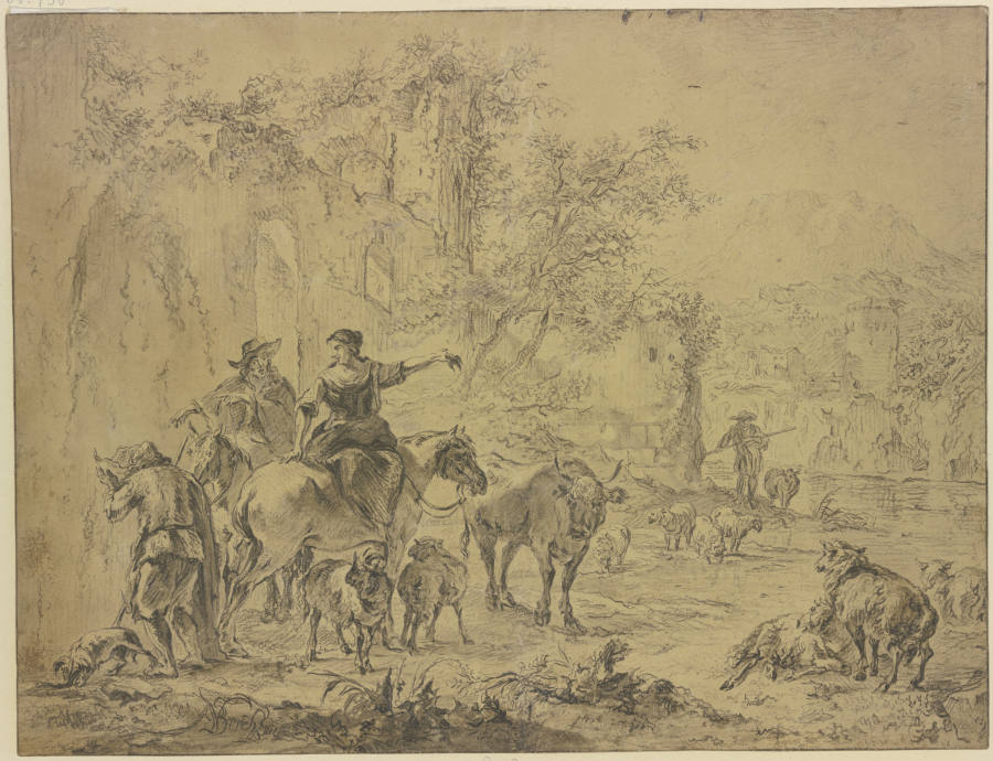 Bei Ruinen links Hirte und Hirtin zu Pferde, trinkender Hirte zu Fuß an einem Fluß from Nicolaes Berchem