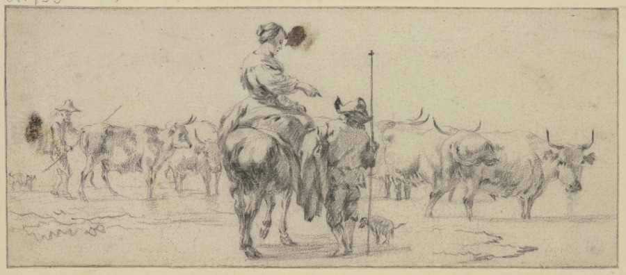 Hirtin zu Pferde, zwei Hirten zu Fuß, bei einer Kuhherde from Nicolaes Berchem