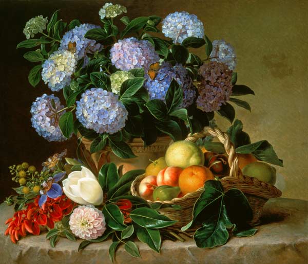 Hydrangea In An Urn And A Basket Of Fruit On A Ledge from 