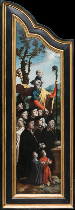 Triptychon mit der Kreuzigung Christi, Heiligen und Stifterfamilie. Linker Innenflügel: Stifter mit  from Nordniederländischer Meister um 1530
