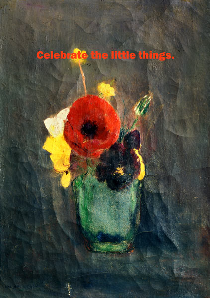 Blumenstrauss mit Mohnblumen in einer grünen Vase mit Worten from Odilon Redon