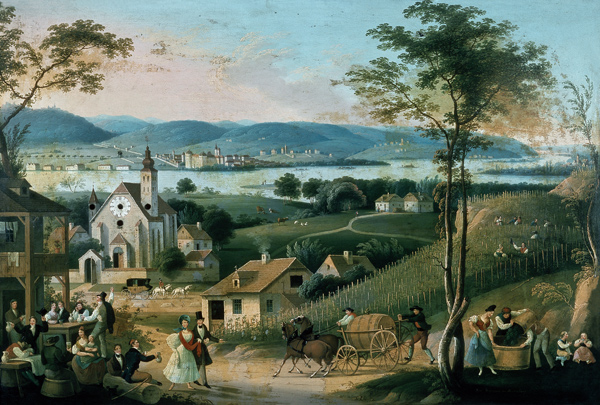 Blick von einem Wiener Heurigen-Vorort über die Donau mit Weinlese- und Trink-Szene from Österreichischer Maler