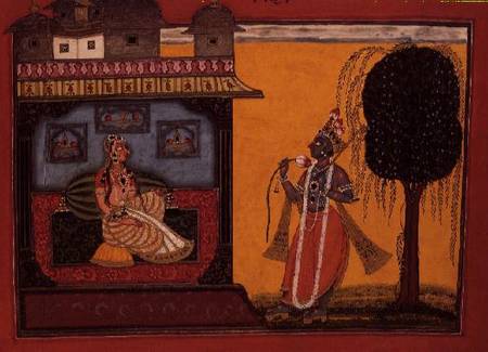 Krishna presenting a lotus to Radha, from Bhanudatta's 'Rasamanjari', Basohli, Himachal Pradesh from Pahari School