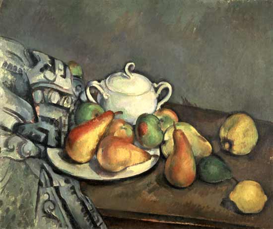 Stillleben mit Zuckerdose, Birnen und Tischdecke from Paul Cézanne