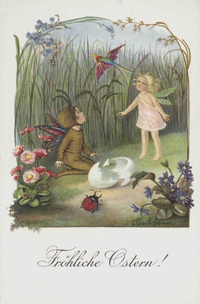 Ostern-Grußkarte, die zwei Feen in einem Frühlingsgarten darstellt. from Pauli Ebner