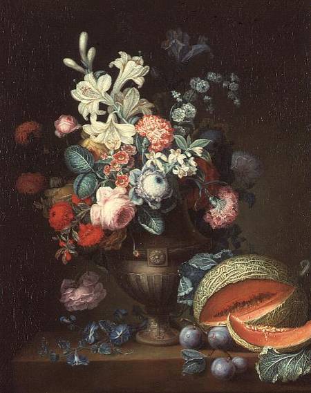 Still life of flowers in a classical vase with a cut melon, 1768 (one of a pair from Philippe Parpette