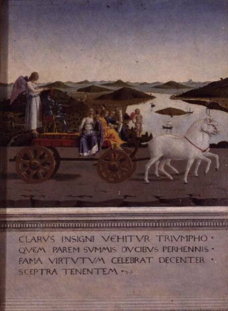 Triumph of Federigo da Montefeltro, Duke of Urbino; Federigo and the four Cardinal Virtues in a triu from Piero della Francesca