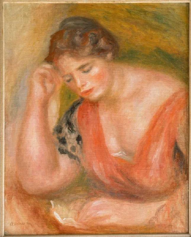 Lesende junge Frau in rotem Kleid. from Pierre-Auguste Renoir