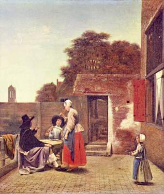 Hof mit zwei Offizieren und trinkender Frau from Pieter de Hooch