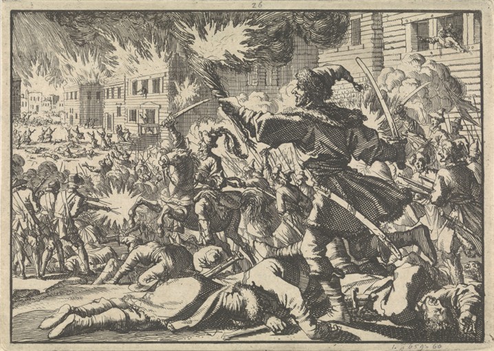 Fighting in the streets of Moscow between Russians and Poles in 1611 from Pieter van der Aa