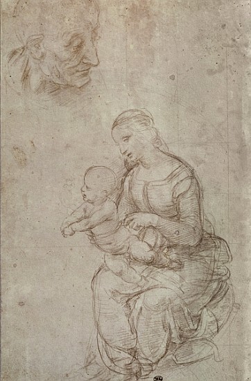 Madonna and child and head of an old man (metal point on prepared pale pink paper) from (Raffael) Raffaello Santi