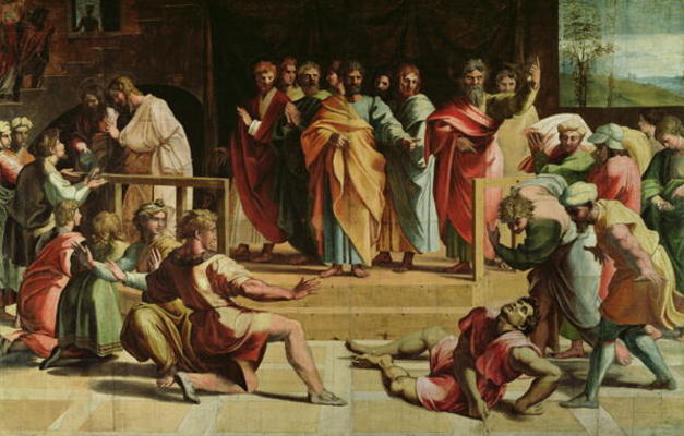 The Death of Ananias (cartoon for the Sistine Chapel) (PRE RESTORATION) from (Raffael) Raffaello Santi