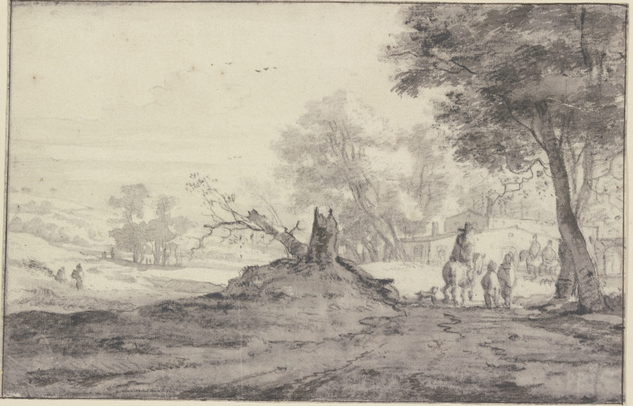 Landschaft mit Bäumen und Häusern, in der Mitte die Reste eines abgehauenen Baumes, Reiter und Fußgä from Roelant Roghman
