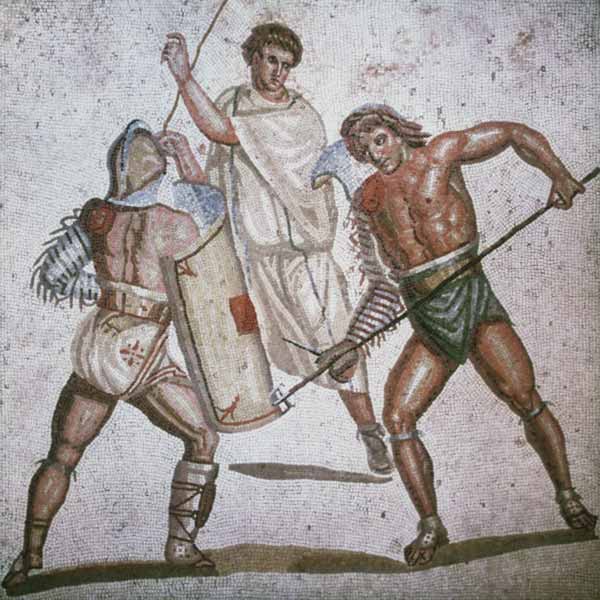 Zwei kämpfende Gladiatoren und ein Schiedsrichter Mosaik from römisch Mosaik