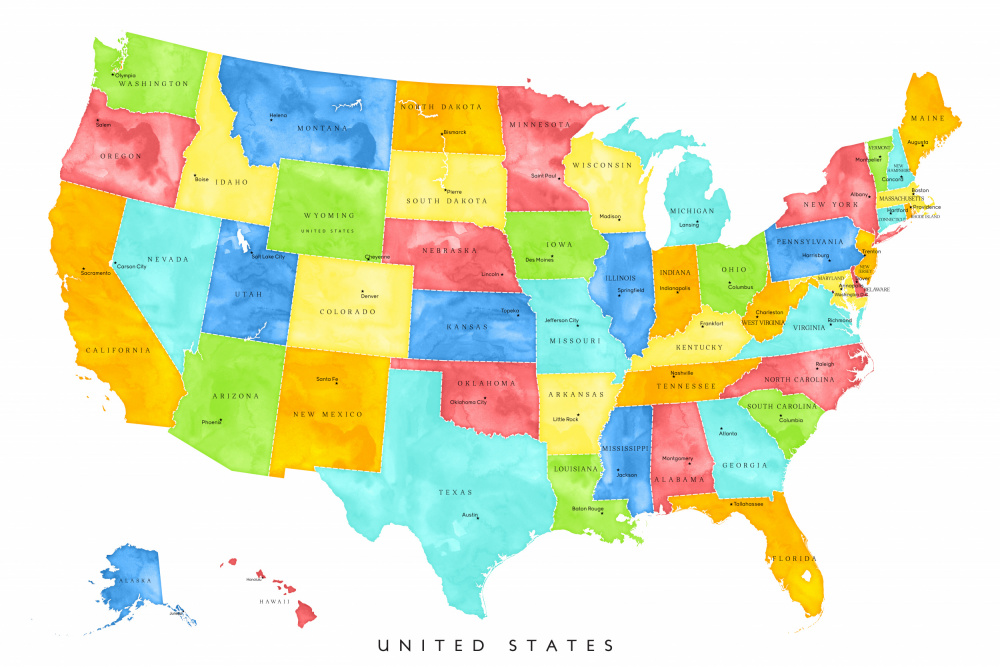 Bunte Karte der Vereinigten Staaten mit Bundesstaaten und Landeshauptstädten from Rosana Laiz Blursbyai