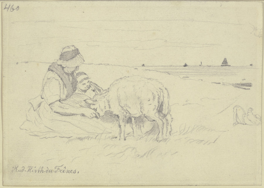 Frau mit Kind und Schaf am Strand from Rudolf Hirth du Frênes