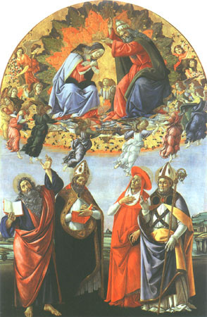 Krönung der Maria mit den Heiligen Johannes der Evangelist, Augustinus, Hieronymus und Eligius from Sandro Botticelli
