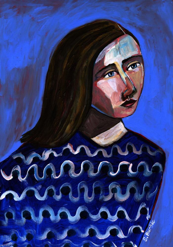 Frau im blauen Pullover Naives Porträt figurativ from Sharyn Bursic