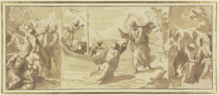 Jesus geht über das Wasser, links die Gefangennahme Jesu, rechts Jesus und die Apostel from Taddeo Zuccari
