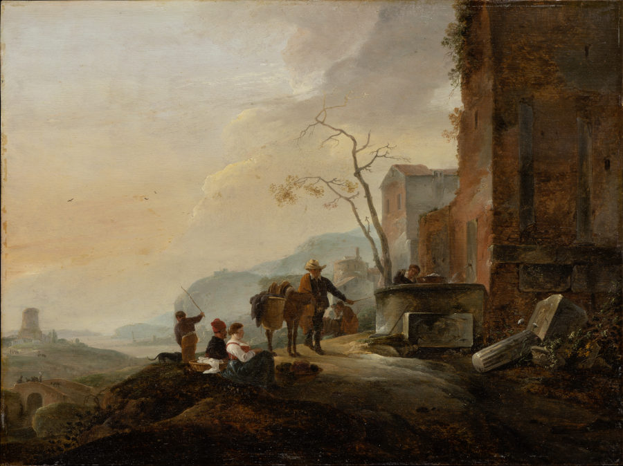 Italienische Landschaft mit Figuren an einem Brunnen bei antiken Ruinen from Thomas Wijck