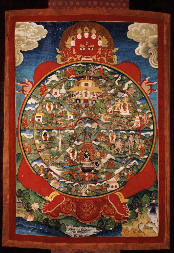 Thangka, depicting Wheel of Life turned by red Yama (Lord of Death) from Tibetan