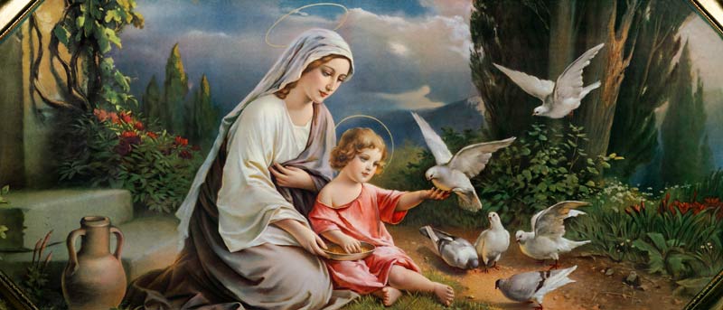 Maria und das Jesuskind mit Tauben spielend in einer idealisierten Landschaft from (um 1900) Anonym