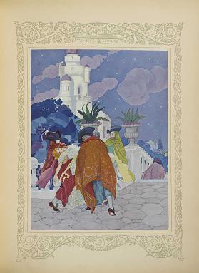 Vier maskierte Männer trugen sie auf die Turmspitze, eine Illustration aus "Contes du Temps Jadis" o