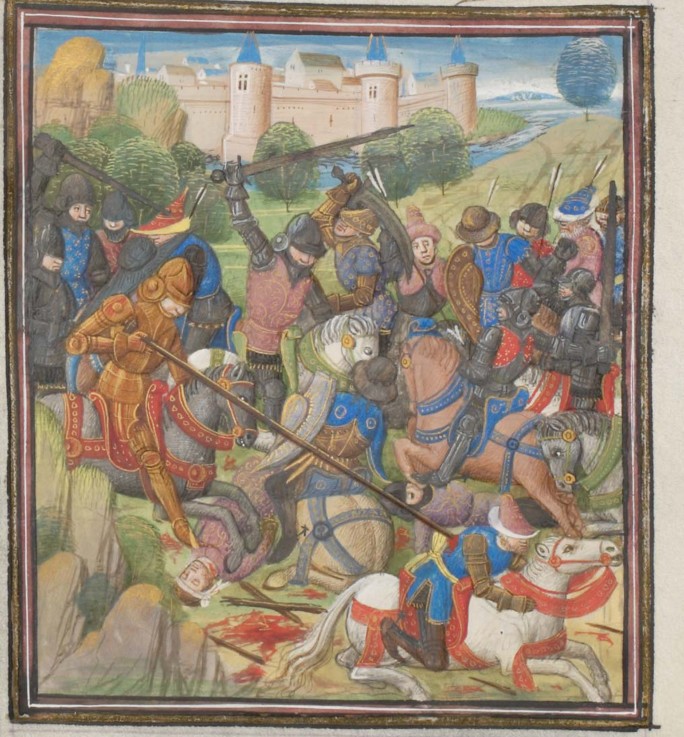 Battle between Crusaders under Baldwin II of Jerusalem and the Saracens. Miniature from the "Histori from Unbekannter Künstler